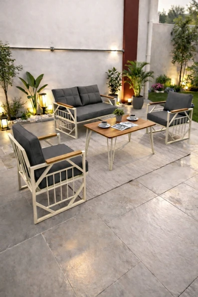 UFUK HOME Violet Cappuccino 2+1+1 Masalı Açık Antrasit Minderli Metal Balkon Bahçe Oturma Grubu ürün görseli 1