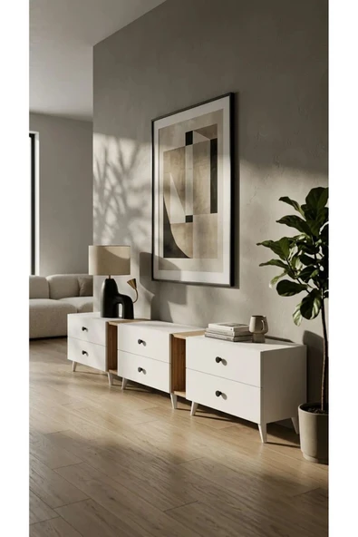 Projemob Miramob 6 Çekmeceli Modern TV Ünitesi 231 cm Geniş Duvar Ünitesi Ayaklı TV Sehpası Safir Meşe Beyaz ürün görseli 1