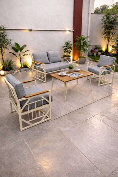 UFUK HOME Violet Cappuccino 2+1+1 Masalı Açık Gri Minderli Metal Balkon Bahçe Oturma Grubu ürün görseli 1
