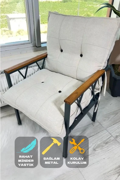 UFUK HOME Miray Düğmeli Krem Tekli Koltuk Fermuarlı Keten Kumaş, Modern Konforlu Bahçe Balkon Mobilyası ürün görseli 1