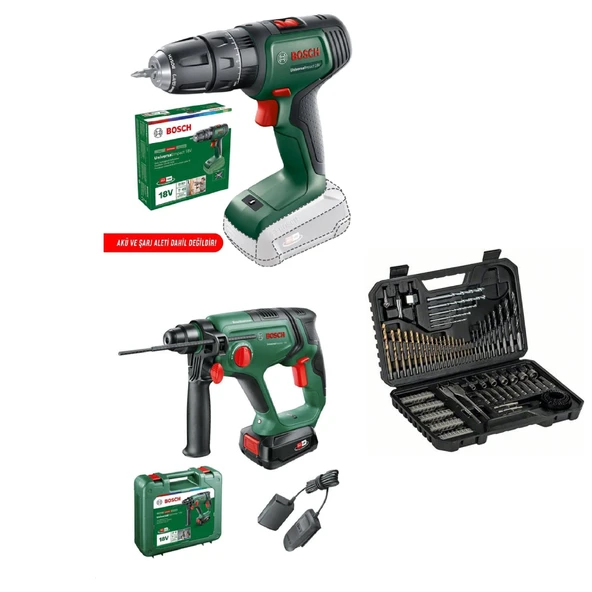 Bosch UniversalHammer 18V Akülü Matkap (Tek Akü, 2,5 Ah) + Akülü Darbeli Vidalama Solo +  V-Line 103 Parça Karışık Aksesuar Seti ürün görseli 1