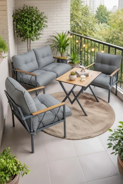 UFUK HOME Miray 211 Masalı Gri Fermuarlı Bahçe Balkon Takımı, Salon, Teras- Berjer Düğmeli Metal Çay Seti ürün görseli 1