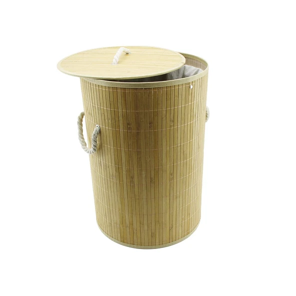 YUVARLAK BAMBU AHŞAP KİRLİ ÇAMAŞIR SEPETİ 35X60CM SEYYAR KAPAKLI İÇİ BEZLİ İP KULPLU GO53/00923 ürün görseli 1