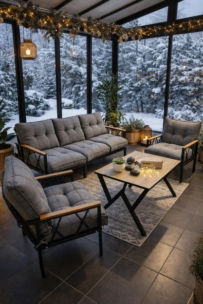 UFUK HOME Miray 311 Masalı Gri Fermuarlı Bahçe Balkon Takımı, Salon, Teras- Berjer Düğmeli Metal Çay Seti ürün görseli 1