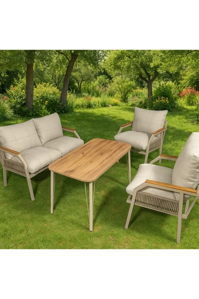 UFUK HOME Daisy 211 Örgülü Masalı Bej Fermuarlı Bahçe Balkon Takımı, Cafe, Salon Metal Kanepe Takım ürün görseli 1