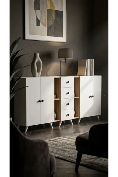Projemob Miramob 4 Kapaklı 4 Çekmeceli ve 4 Bölmeli Modern Dev Konsol Şifonyer 195 cm Safir Meşe Beyaz ürün görseli 1