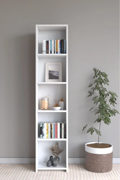 Projemob Modern Çok Amaçlı 5 Raflı Dar Kitaplık Beyaz ürün görseli 1