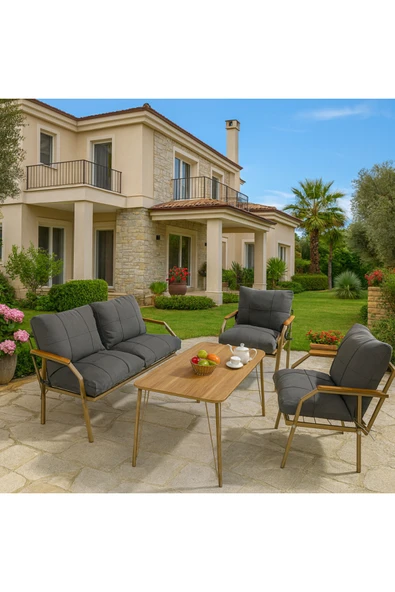 UFUK HOME Linda Cappuccino 211 Masalı Antrasit Fermuarlı Bahçe Balkon Takımı,Cafe-Metal Kanepe Koltuk Takımı ürün görseli 1