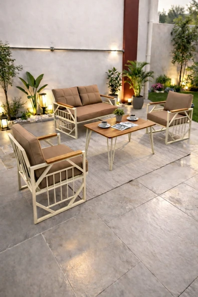 UFUK HOME Violet Cappuccino 2+1+1 Masalı Kahverengi Minderli Metal Balkon Bahçe Oturma Grubu ürün görseli 1