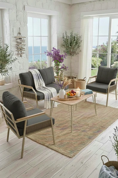 UFUK HOME Daisy Makrome Örgülü 211 Masalı Antrasit Balkon & Bahçe Mobilyası Seti Balkon Takımı ürün görseli 1