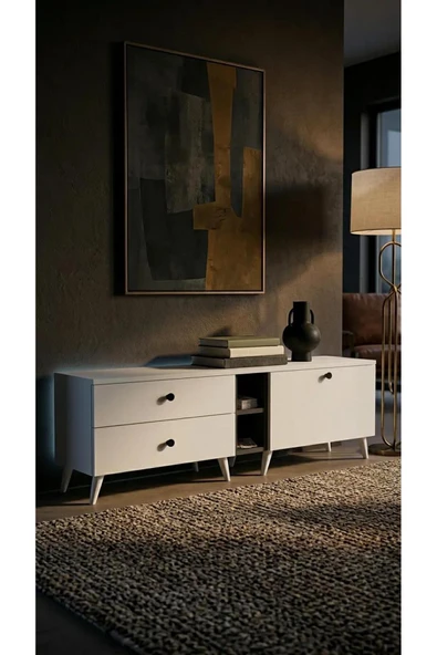 Projemob Miramob 2 Çekmeceli ve 2 Kapaklı Modern TV Ünitesi 149 cm Ayaklı TV Sehpası Antrasit Beyaz ürün görseli 1