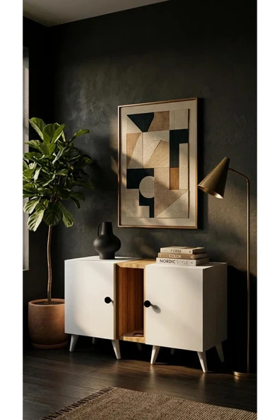 Projemob Miramob 2 Kapaklı Modern TV Ünitesi 82 cm Minimalist Ayaklı TV Sehpası Safir Meşe Beyaz ürün görseli 1