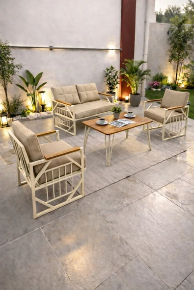 UFUK HOME Violet Cappuccino 2+1+1 Masalı Bej Minderli Metal Balkon Bahçe Oturma Grubu ürün görseli 1