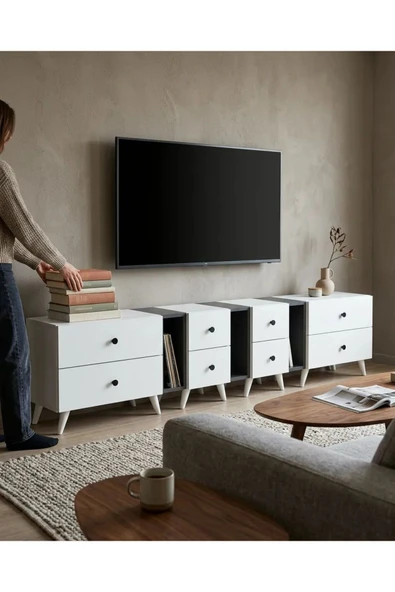 Projemob Miramob 8 Çekmeceli Modern TV Ünitesi 248 cm Geniş Duvar Ünitesi Ayaklı TV Sehpası Antrasit Beyaz ürün görseli 1