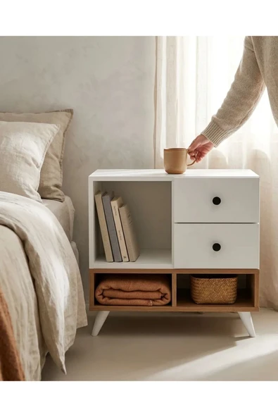 Projemob Miramob 2 Çekmeceli ve 3 Bölmeli Modern Başucu Sehpası Geniş Komodin Safir Meşe Beyaz ürün görseli 1
