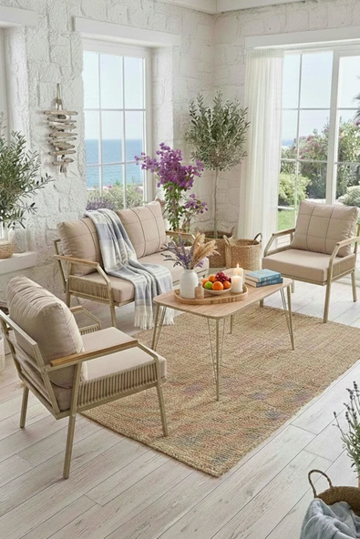 UFUK HOME Daisy Makrome Örgülü 211 Masalı Cappuccino Balkon & Bahçe Mobilyası Seti Balkon Takımı ürün görseli 1