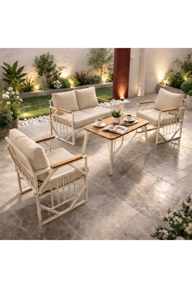 UFUK HOME Violet Krem 2+1+1 Masalı Bej Bahçe Oturma Grubu Minderli Metal Ahşap Detaylı Balkon Teras Takımı ürün görseli 1