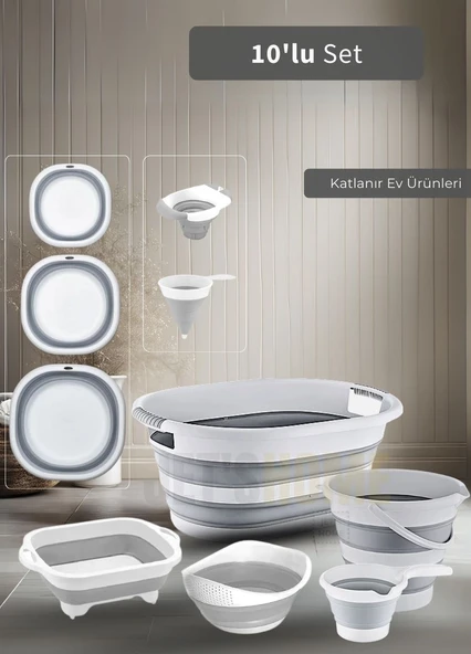 10'lu Set Katlanır Sele- Badya- Kova- Maşrapa- Pirinç Süzgeci- Kesim Panosu-Huniler BPA Free ürün görseli 1