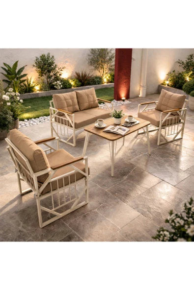 UFUK HOME Violet Krem 2+1+1 Masalı Kahve Bahçe Oturma Grubu Minderli Metal Ahşap Detaylı Balkon Teras Takımı ürün görseli 1