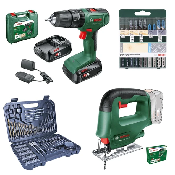 Bosch EasyImpact 18V-40 Akülü Matkap (Çift Akü, 2,0 Ah) + EasySaw Dekupaj Testeresi Aküsüz (Solo) + Karışık Dekupaj Testere Seti 10 lu + V-Line 103 Parça Karışık Aksesuar Seti ürün görseli 1