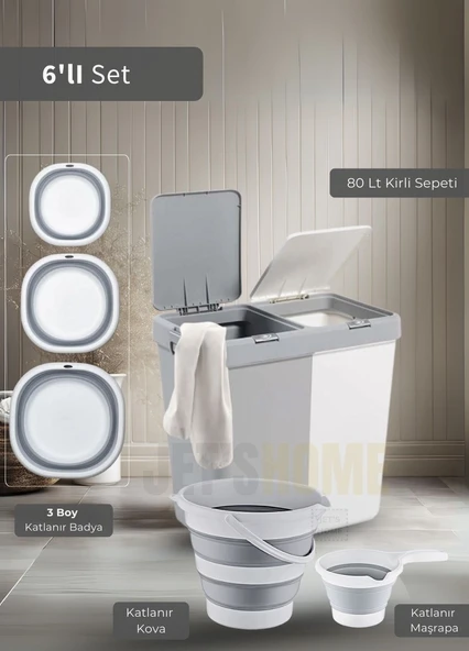 6'lı Banyo Seti Çamaşır Sepeti Katlanır Badya Katlanır Kova Katlanır Maşrapa BPA Free ürün görseli 1