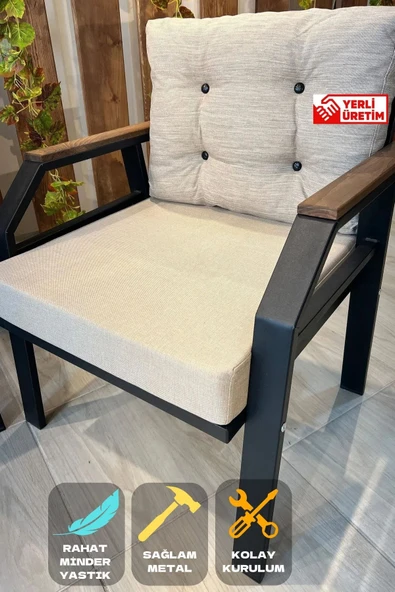 UFUK HOME Kavacık Tekli Koltuk Krem Fermuarlı Keten Kumaş, Modern Metal Konforlu Bahçe Balkon Mobilyası ürün görseli 1