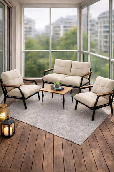 UFUK HOME Linda 211 Sehpalı Krem Fermuarlı Bahçe Balkon Takımı, Cafe, Salon - Metal Kanepe Koltuk Takımı ürün görseli 1