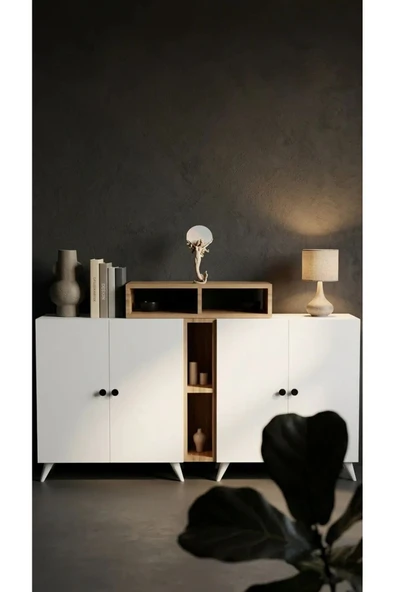 Projemob Miramob 4 Kapaklı ve 4 Bölmeli Modern Dev Şifonyer Konsol Antre Ünitesi 147 cm Safir Meşe Beyaz ürün görseli 1