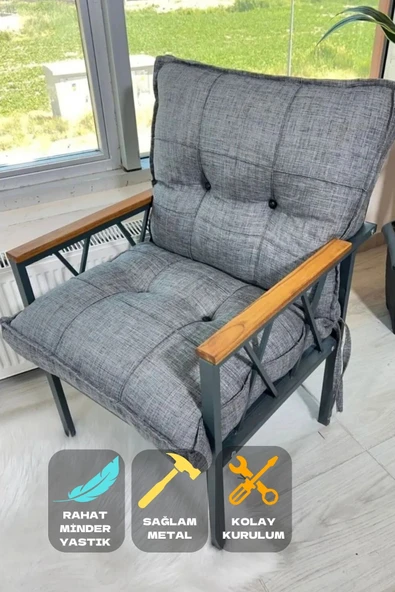 UFUK HOME Miray Düğmeli Gri Tekli Koltuk Fermuarlı Keten Kumaş, Modern Konforlu Bahçe Balkon Mobilyası ürün görseli 1