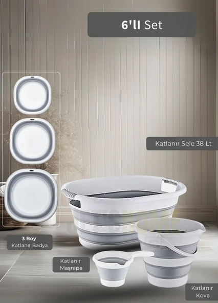 6'lı Banyo Seti Katlanır Sele Katlanır Badya Katlanır Kova Katlanır Maşrapa BPA Free ürün görseli 1