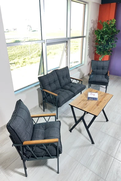 UFUK HOME Miray 211 Masalı Antrasit Fermuarlı Bahçe Balkon Takımı, Salon, Teras- Berjer Düğmeli Metal Çay Seti ürün görseli 1