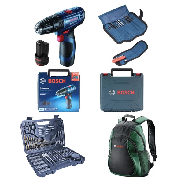 Bosch Professional GSB 120-LI 2x2Ah Akülü Darbeli Delme/Vidalama + 23 Parça Set + V-Line 103 Parça Karışık Aksesuar Seti + Sırt Çantası ürün görseli 1