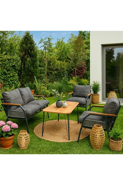 UFUK HOME Linda 211 Masalı Örgülü Gri Fermuarlı Bahçe Balkon Takımı, Cafe, Salon - Metal Kanepe Koltuk Takımı ürün görseli 1