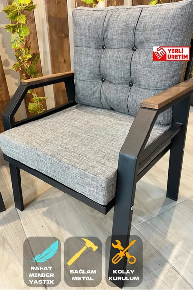 UFUK HOME Kavacık Tekli Koltuk Gri Fermuarlı Keten Kumaş, Modern Metal Konforlu Bahçe Balkon Mobilyası ürün görseli 1