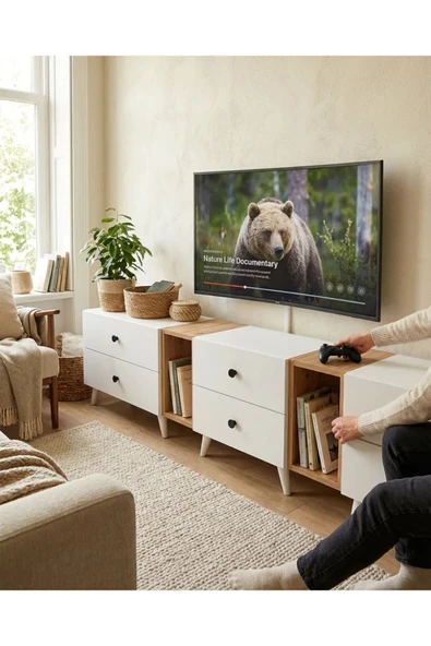 Projemob Miramob 8 Çekmeceli Modern TV Ünitesi 248 cm Geniş Duvar Ünitesi Ayaklı TV Sehpası Safir Meşe Beyaz ürün görseli 1