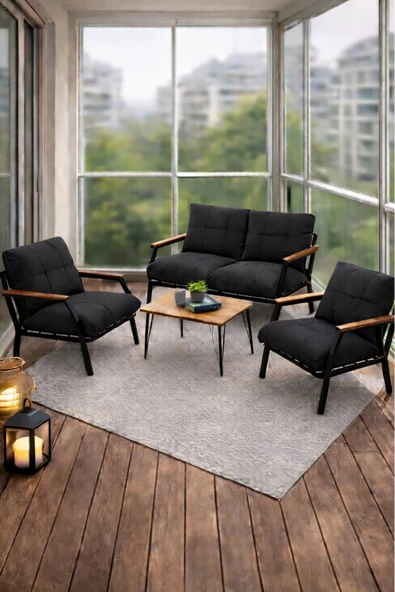 UFUK HOME Linda 211 Sehpalı Siyah Fermuarlı Bahçe Balkon Takımı, Cafe, Salon - Metal Kanepe Koltuk Takımı ürün görseli 1