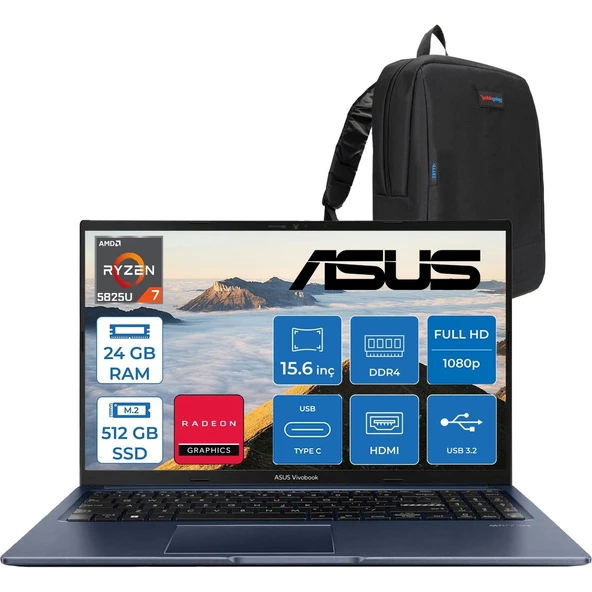 Vivobook 15 Amd Ryzen 7 5825U 24GB 512GB SSD Amd Radeon Graphics 15.6" Fhd 250NIT LED Windows 11 Pro Taşınabilir Bilgisayar M1502YATP05 + Zettaçanta ürün görseli 1