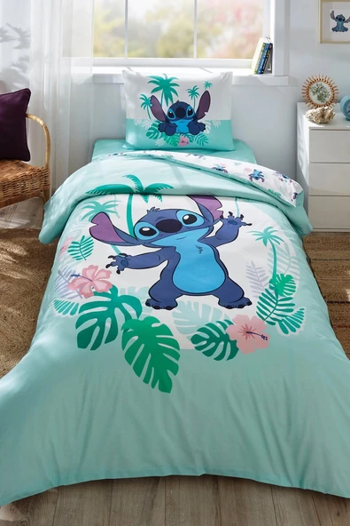 Özdilek Lisanslı Lastikli Çarşaflı Tek Kişilik Çocuk Nevresim Takımı-Stitch Summer Mint ürün görseli 1