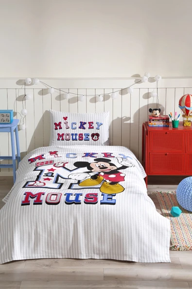 Özdilek Lisanslı Lastikli Çarşaflı Tek Kişilik Çocuk Pike Takımı-Mickey Mouse Collage Gri ürün görseli 1