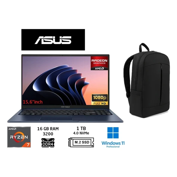Vivobook 15 M1502YA-BQ579 Amd Ryzen 7 5825U 16GB 1tb SSD 15.6" Taşınabilir BILGISAYAR+W11 Pro+Duddi Çanta ürün görseli 1