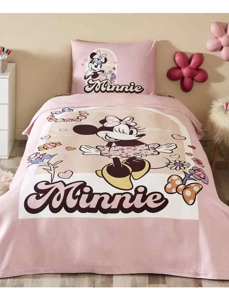 Özdilek Lisanslı Lastikli Çarşaflı Tek Kişilik Çocuk Pike Takımı-Minnie Garden Pembe ürün görseli 1