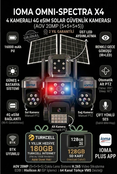 4 Kameralı, 4G Sim Kartlı, Yıllık 180GB Turkcell İnternet ve 128GB SD Kart Dahil, Çakarlı, Sirenli 2 Solar Panel ürün görseli 1