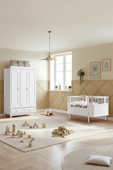 Soft Çocuk Odası Takımı, Soft 3 Kapaklı Dolap, Yıldız Büyüyen Beşik - Beyaz ürün görseli 1