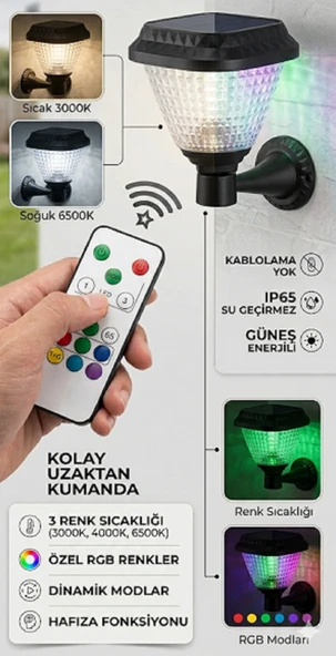 Kumandalı RGB Solar Duvar Lambası Dış Mekan 30 w Su Geçirmez ürün görseli 1