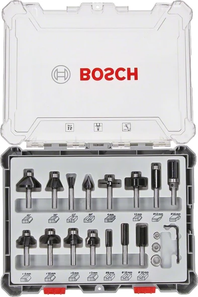Bosch - Profesyonel 15 Parça Karışık Freze Ucu Seti 8 mm Şaftlı ürün görseli 1