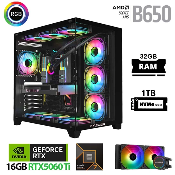 Xaser Lexus x690 Ryzen 7 7800X3D 32GB Ram 1TB M.2 NVMe SSD 16GB RTX5060 Ti Sıvı Soğutmalı Oyuncu Tavsiye Sistem ürün görseli 1