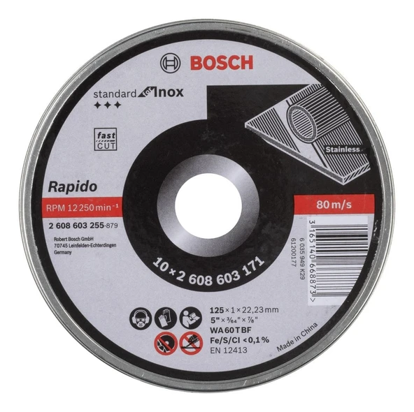 Bosch - 125*1,0mm Standard Seri Düz Inox (Paslanmaz Çelik) Kesme Diski (Taş) - Rapido 10'lu ürün görseli 1