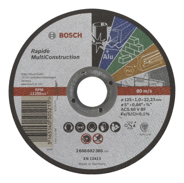 Bosch - 125*1,0 mm Çoklu Malzemelerde Kullanım İçin Düz Kesme Diski (Taş) ürün görseli 1
