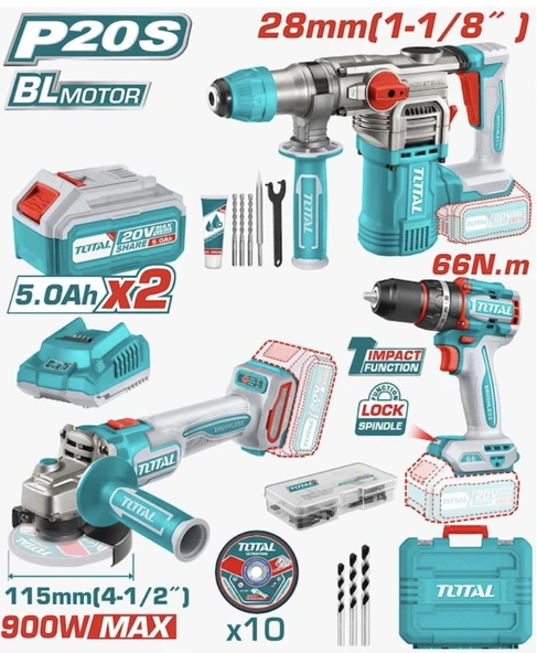 Total Tools TOSLI241183E 3'lü Set Akülü Kırıcı Delici + Taşlama +