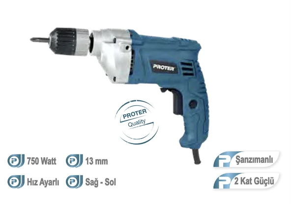 Proter  PR 770 RL Şanzımanlı Darbesiz Matkap 13mm 750 W ürün görseli 1